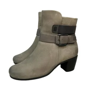 Ecco Booties Womens 5.5 Beige Chunky Heel Ankle Boots Nubuck Leather Buckle Zip