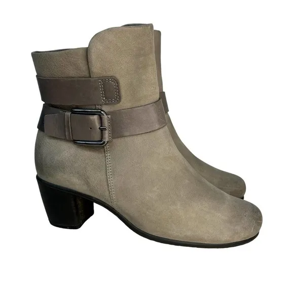 Ecco Booties Womens 5.5 Beige Chunky Heel Ankle Boots Nubuck Leather Buckle Zip