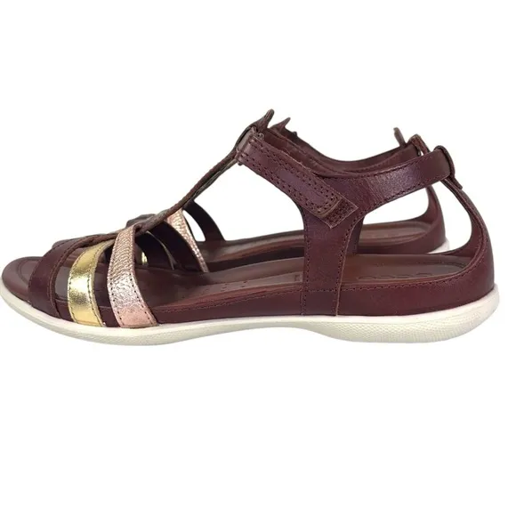 ECCO Flash Women’s Brown Leather T-Bar Sandals Adjustable Comfort Size 9-9.5