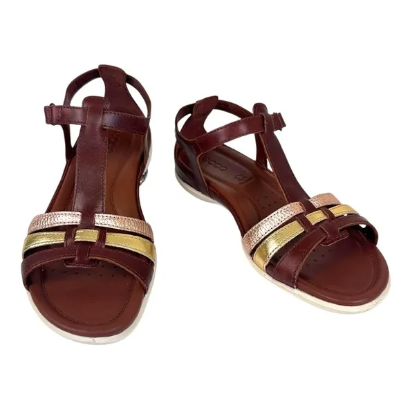 ECCO Flash Women’s Brown Leather T-Bar Sandals Adjustable Comfort Size 9-9.5