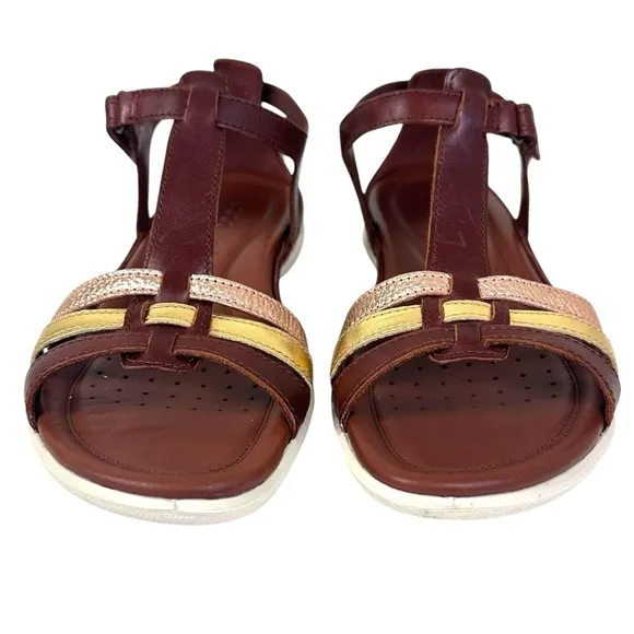 ECCO Flash Women’s Brown Leather T-Bar Sandals Adjustable Comfort Size 9-9.5