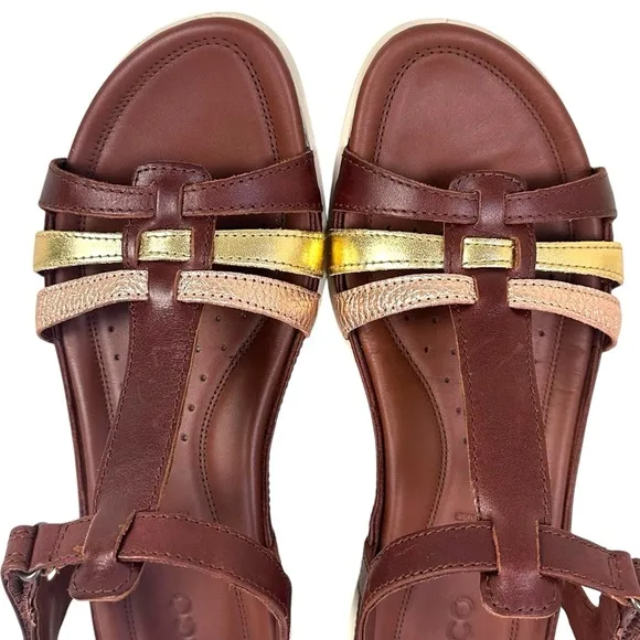 ECCO Flash Women’s Brown Leather T-Bar Sandals Adjustable Comfort Size 9-9.5