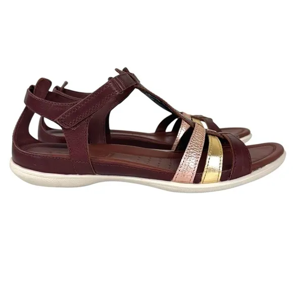 ECCO Flash Women’s Brown Leather T-Bar Sandals Adjustable Comfort Size 9-9.5