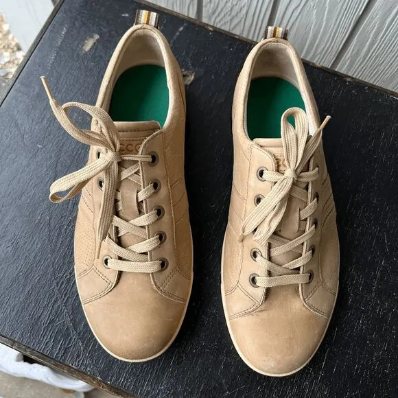 ECCO Men's Beige Leather Sneakers Size 42 Casual Lace-Up Comfort Shoes