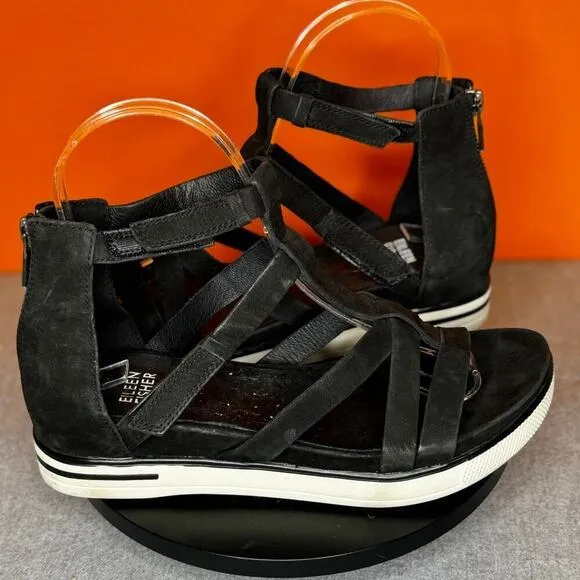 Eileen Fischer  Sola Tumbled Nubuck Leather Gladiator Back Zip Sandals Size 6