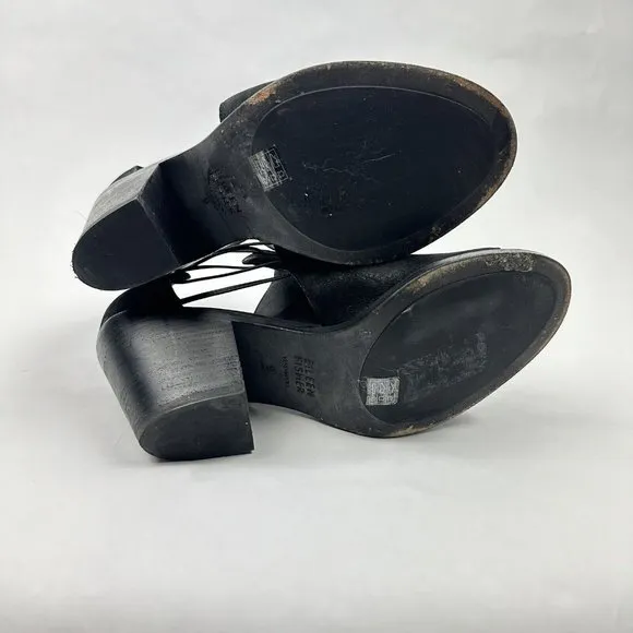 Eileen Fisher‎ Black Alfie Cutout Leather Heeled Open Toe Sandals Womens Sz 9
