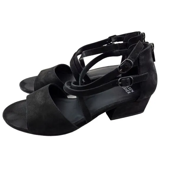 Eileen Fisher Kyra Sandals 8.5 Tumbled Nubuck Leather Crisscross Low Block Heel
