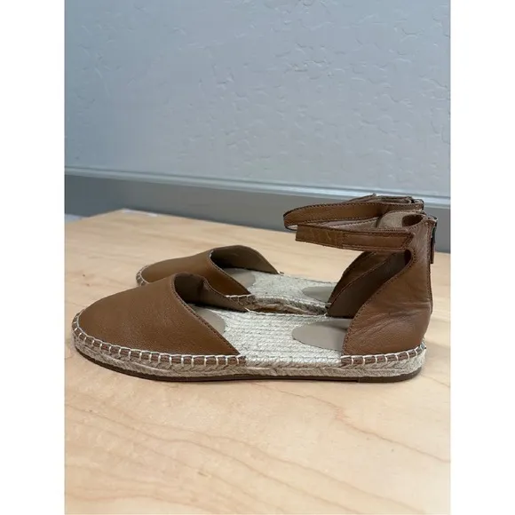 Eileen Fisher Lala Espadrille Ankle Strap Leather Sandals Tan Flats Shoes Sz 8.5