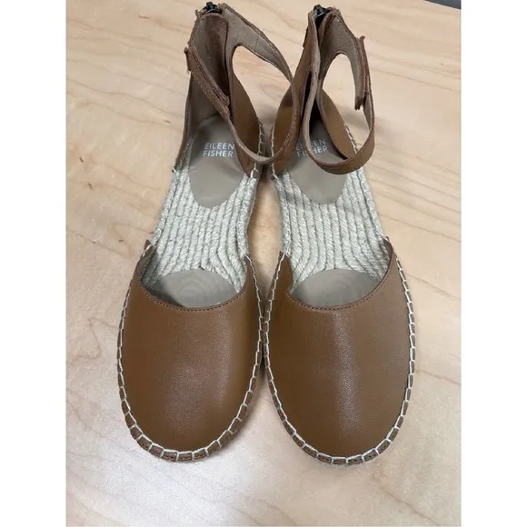 Eileen Fisher Lala Espadrille Ankle Strap Leather Sandals Tan Flats Shoes Sz 8.5