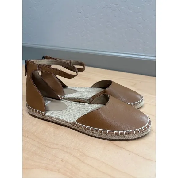 Eileen Fisher Lala Espadrille Ankle Strap Leather Sandals Tan Flats Shoes Sz 8.5