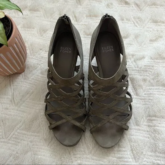 Eileen Fisher Leather Cage Lattice Wedge Sandals