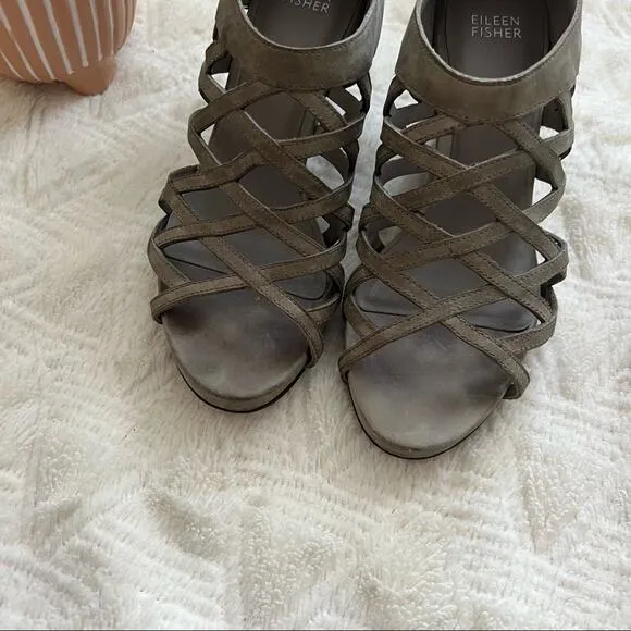 Eileen Fisher Leather Cage Lattice Wedge Sandals