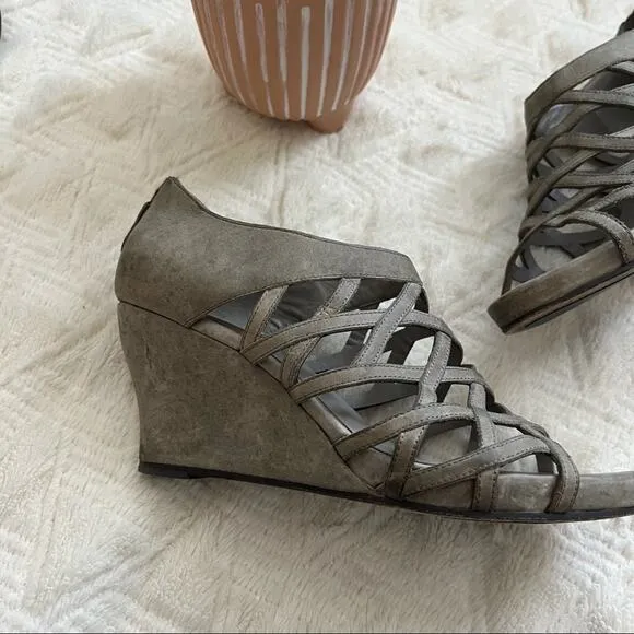 Eileen Fisher Leather Cage Lattice Wedge Sandals
