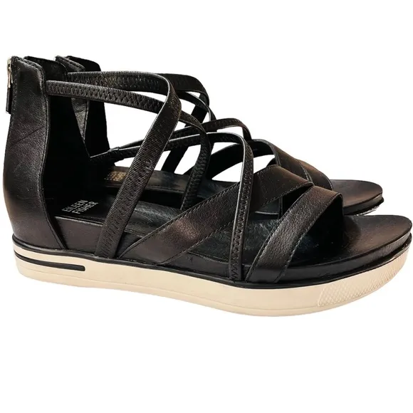 Eileen Fisher Skip Strappy Platform Back Zip Black Sandals Size 7