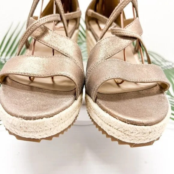 Eileen Fisher Wanda Metallic Nude Strappy Espadrille Wedge Sandal Size 9.5 NWOB