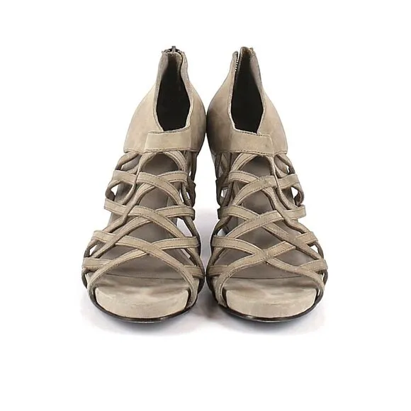 Eileen Fisher Wedge Sandals 9 Leather Lattice Caged Taupe Gray Tan Summer