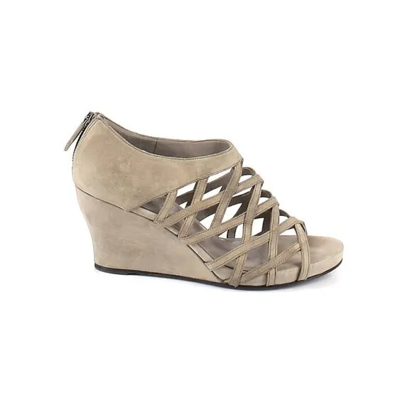 Eileen Fisher Wedge Sandals 9 Leather Lattice Caged Taupe Gray Tan Summer