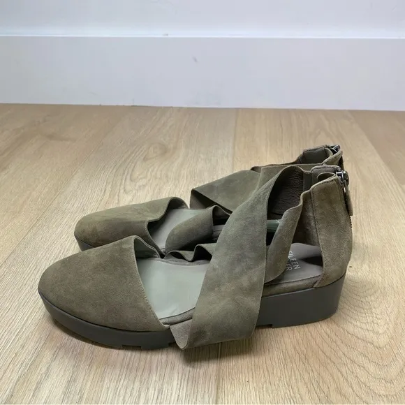 Eileen Fisher Wedge Sandals Buoy Suede Criss-Cross Back Zip Gray Smoke 8.5