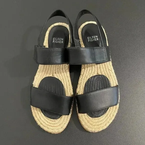 Eileen Fisher Max Espadrille Leather Sandals Casual Flat Black Like New