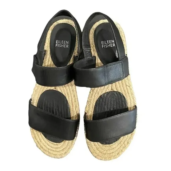 Eileen Fisher Max Espadrille Leather Sandals Casual Flat Black Like New