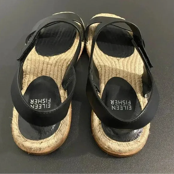 Eileen Fisher Max Espadrille Leather Sandals Casual Flat Black Like New