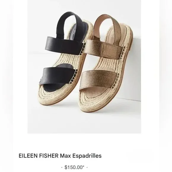 Eileen Fisher Max Espadrille Leather Sandals Casual Flat Black Like New