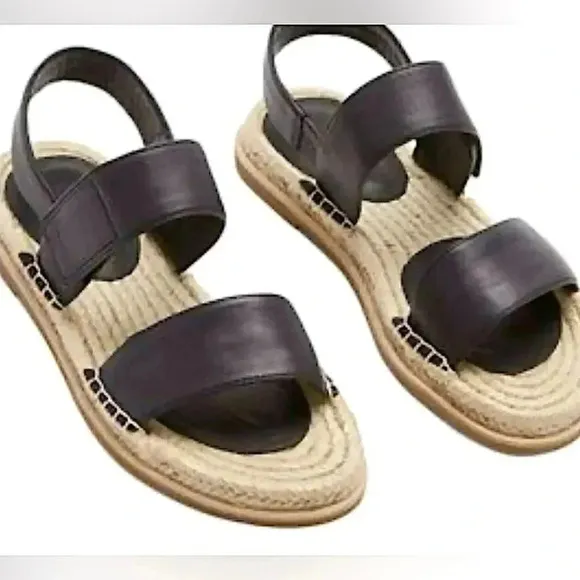 Eileen Fisher Max Espadrille Leather Sandals Casual Flat Black Like New
