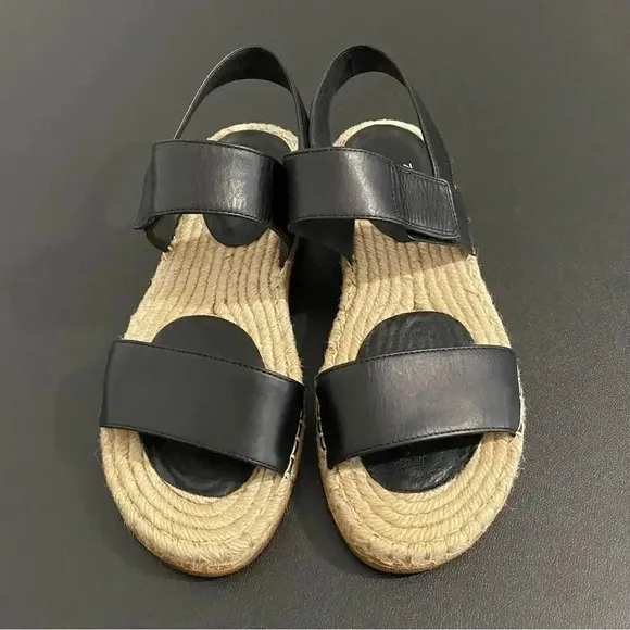 Eileen Fisher Max Espadrille Leather Sandals Casual Flat Black Like New