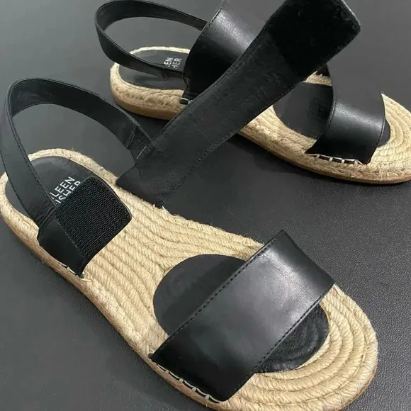 Eileen Fisher Max Espadrille Leather Sandals Casual Flat Black Like New
