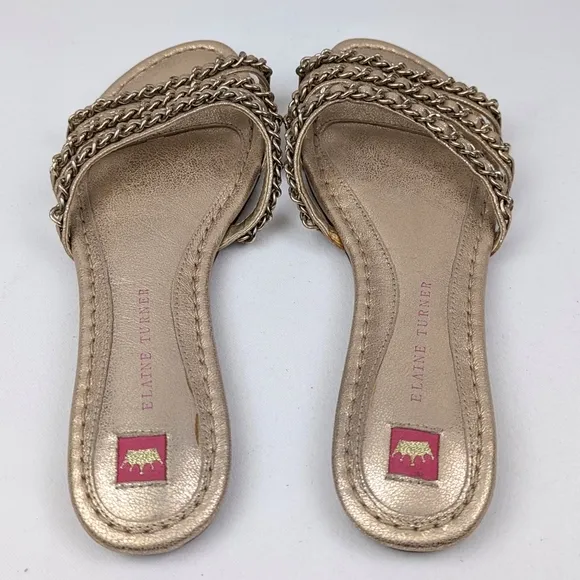 Elaine Turner Slide Sandals Strappy Chain Detail Metallic Gold Flats Glam 6.5