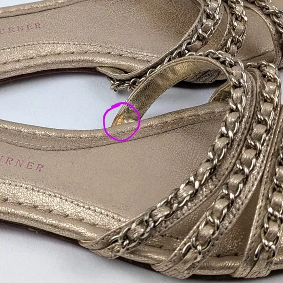 Elaine Turner Slide Sandals Strappy Chain Detail Metallic Gold Flats Glam 6.5