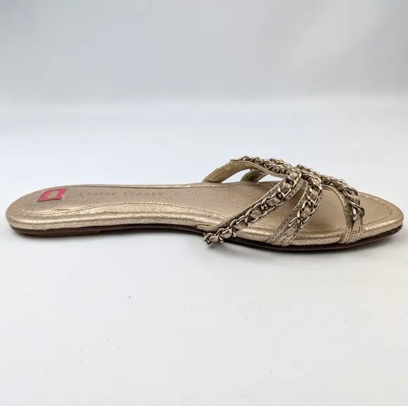Elaine Turner Slide Sandals Strappy Chain Detail Metallic Gold Flats Glam 6.5