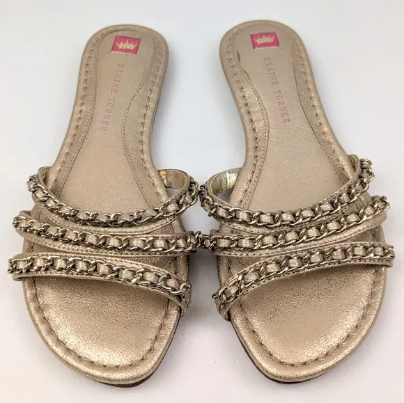 Elaine Turner Slide Sandals Strappy Chain Detail Metallic Gold Flats Glam 6.5
