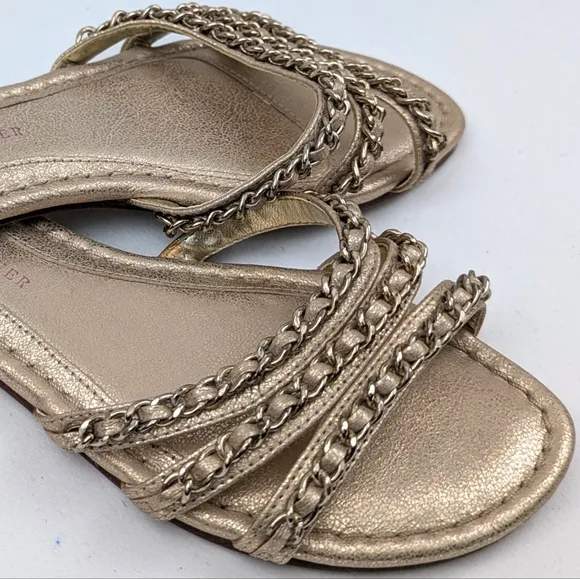 Elaine Turner Slide Sandals Strappy Chain Detail Metallic Gold Flats Glam 6.5