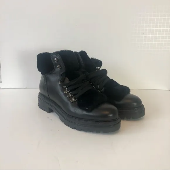 Elena Solano Black Leather Lace Up Chunky Combat Boots Size 9