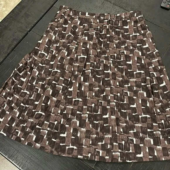 ELIE TAHARI ALIZA Briar Brown Black Cotton Pleated Skirt 8 MIDI Classy‌‌‌‌‌‌