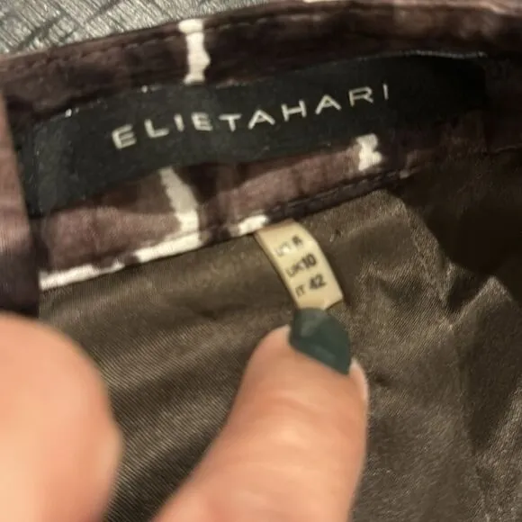 ELIE TAHARI ALIZA Briar Brown Black Cotton Pleated Skirt 8 MIDI Classy‌‌‌‌‌‌