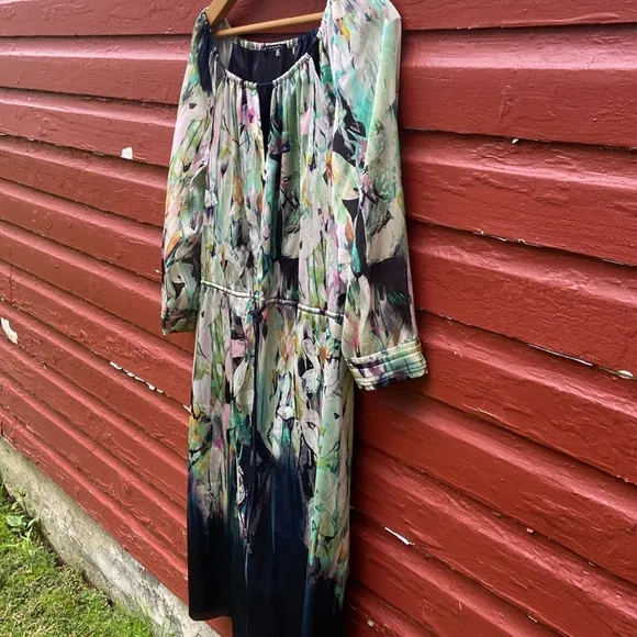 Elie Tahari Silk Blend Floral Ombré Drawstring Tie Waist Dress Women's Size 10