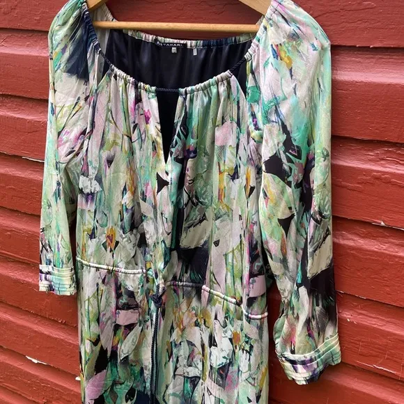 Elie Tahari Silk Blend Floral Ombré Drawstring Tie Waist Dress Women's Size 10