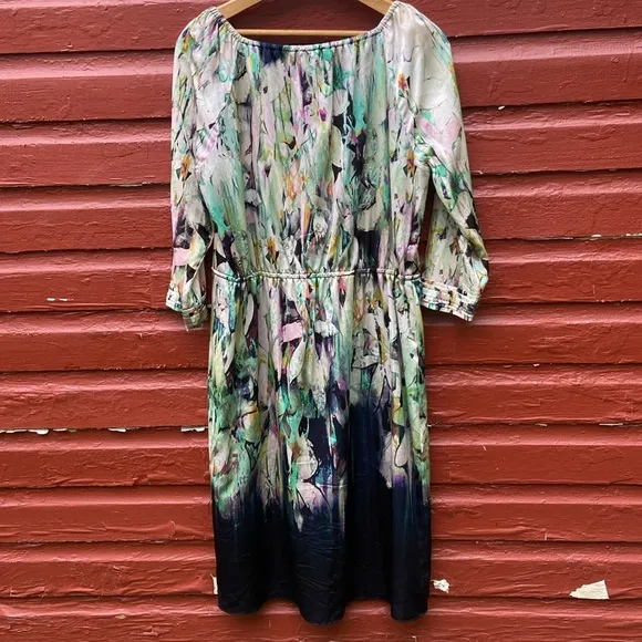 Elie Tahari Silk Blend Floral Ombré Drawstring Tie Waist Dress Women's Size 10