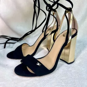 Elisabetta‎ Franchi Womens Black Gold Open Toe Block Heel Sandals Size 36