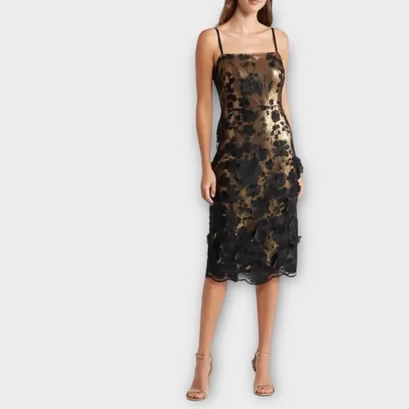Eliza J Sequined  Floral Applique Sheath Cocktail Dress, Black Lac, NWOT, size 6
