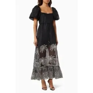 ELLIATT Nyx Maxi  Black Dress in Sheer organza Resort palm embroidery Size S NWT
