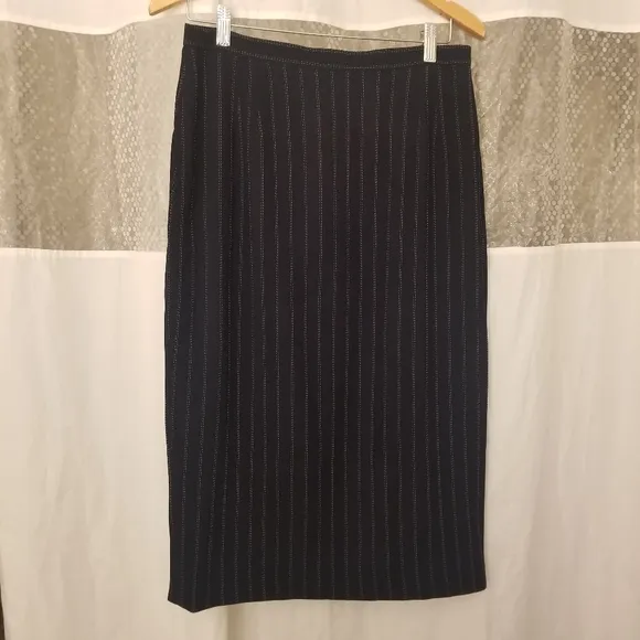 Emanuel Ungaro Paris parallèle Wool-Blend Pinstripe Midi Skirt, Navy, NWOT