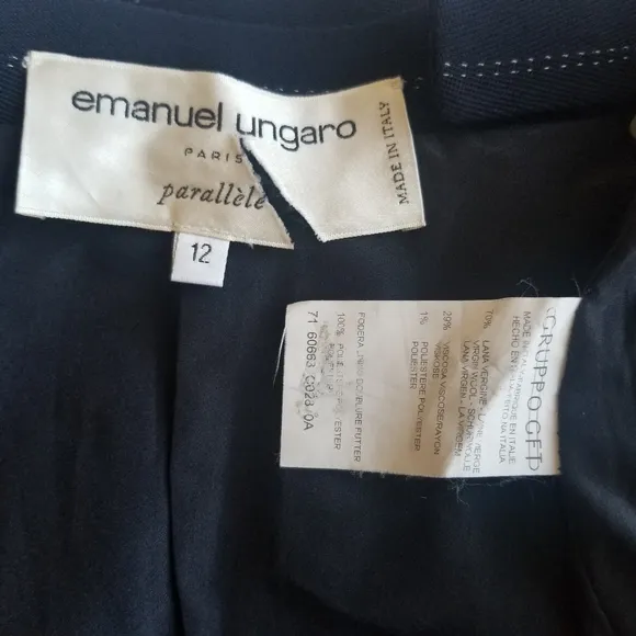 Emanuel Ungaro Paris parallèle Wool-Blend Pinstripe Midi Skirt, Navy, NWOT