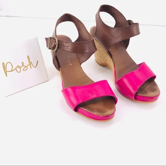 Eric Michael Platform Wedge Leather Nemo Ankle Strap Sandal Fuchsia Brown Sz 39