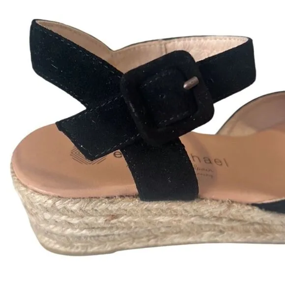 Eric Michael Zoe Black Leathe Peep Toe Buckle Espadrilles Sandals Size EU 38 NIB