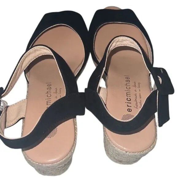 Eric Michael Zoe Black Leathe Peep Toe Buckle Espadrilles Sandals Size EU 38 NIB