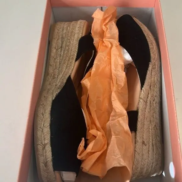 Eric Michael Zoe Black Leathe Peep Toe Buckle Espadrilles Sandals Size EU 38 NIB