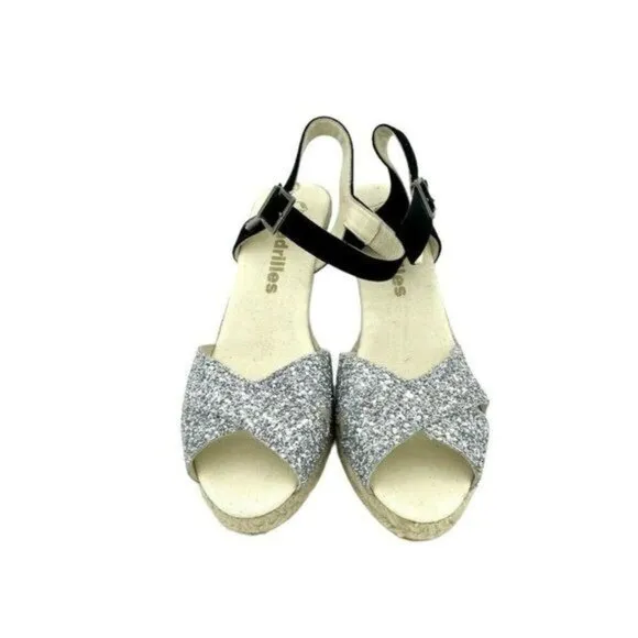 ESPADRILLES Boem Wedge Sandals Silver Glitter Black Suede Sz 42 US 11.5 US NIB